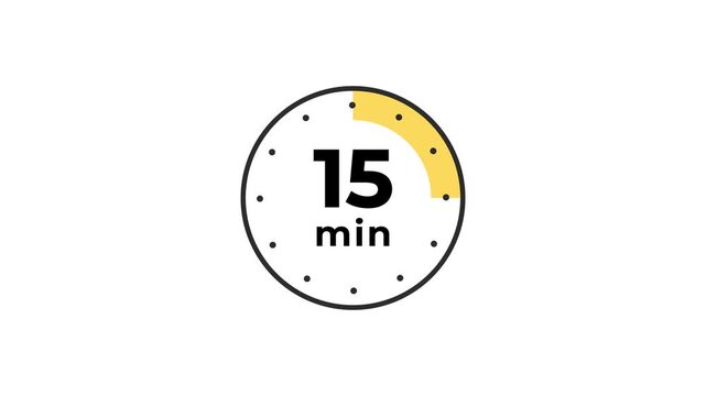 15 Minute Clock Countdown. Stopwatch icon. Colorful simple chronometer, time counter with dial. Countdown timer showing hours and minutes. Deadline, measurement for sport. Cooking time label.