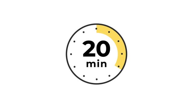 20 Minute Clock Countdown. Stopwatch icon. Colorful simple chronometer, time counter with dial. Countdown timer showing hours and minutes. Deadline, measurement for sport. Cooking time label.