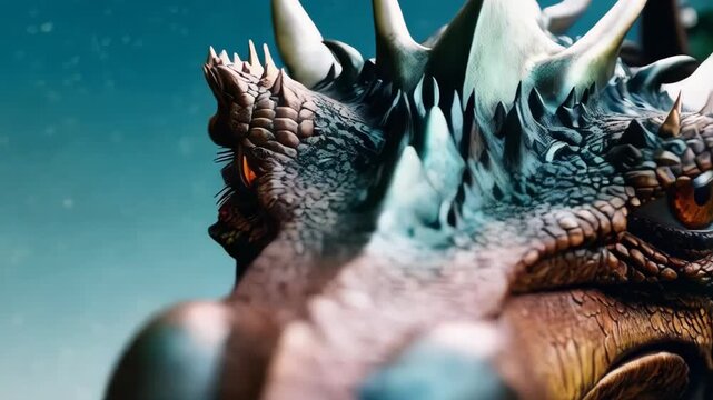 Detailed view of a fictional creature featuring a reptilian eye with scales, horns, and spikes on the head. Depicts a vibrant orange iris.