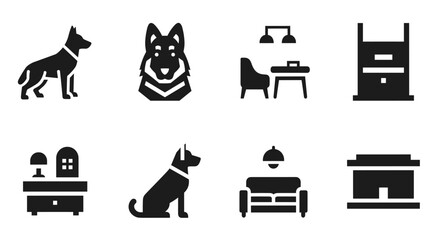 Fototapeta na wymiar Silhouette icons of dogs and home office furniture