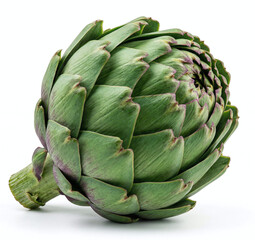 A green artichoke with purple tips on a white background