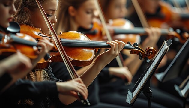 Professional Female Violinists Performing in a Symphony Orchestra with Passionate Musical Dedication