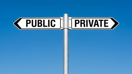 Obraz premium Strategic decision point: Directional signpost indicating choices between public and private options under clear sky.