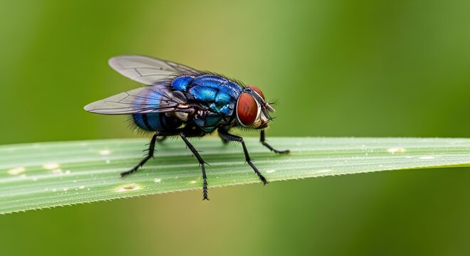A vibrant bluebottle fly perches on a green blade of grass. The fly&rsquo;s iridescent blue body and wings contrast with the green background.