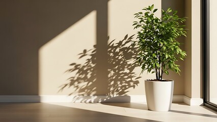 Fototapeta premium Potted plant on windowsill with sunlight casting shadows on wall green leaves white