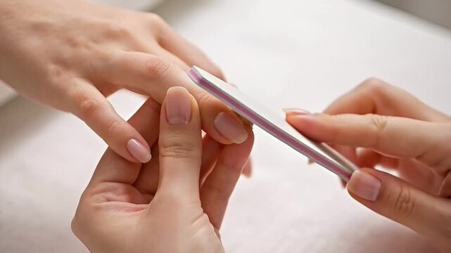 Womans hand getting fingernails shaped with nail file by another person