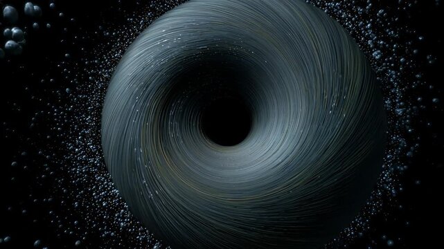 A massive black hole in deep space pulls in glowing particles and rocky debris, swirling them into a powerful grey fibrous vortex around a dark center