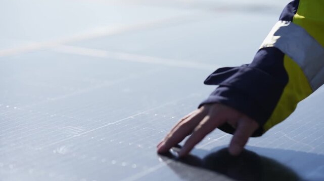 Worker's hand touching solar photovoltaic panel for inspection and maintenance