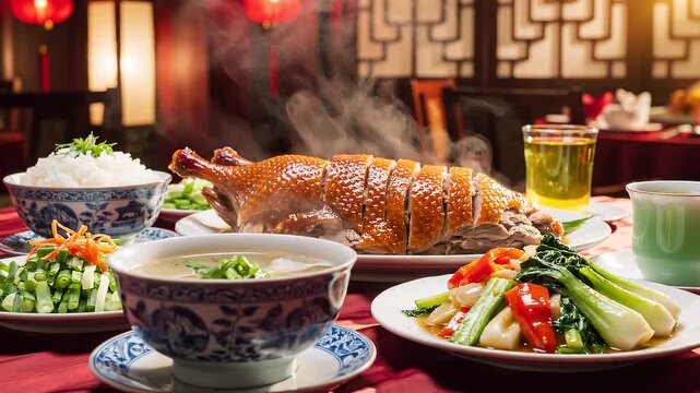 Delicious Chinese roasted suckling pig dinner.