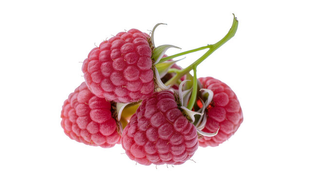 Isolated raspberry fruit with stems, fresh and colorful, ready to eat as healthy snack