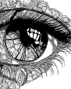 Close-up of a human iris with a deep amber pattern, black vector graphic