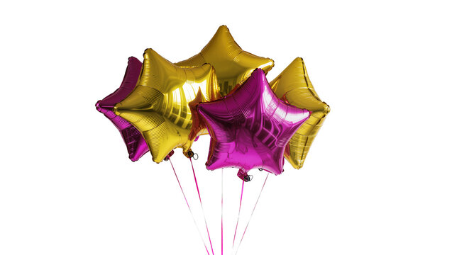 Isolated celebratory star-shaped foil balloons, shiny, festive bunch, birthday party decor