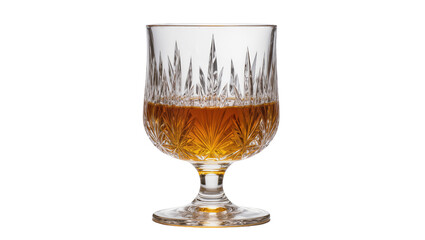 Isolated beautiful crystal glass with amber alcohol beverage, drinkware on no background