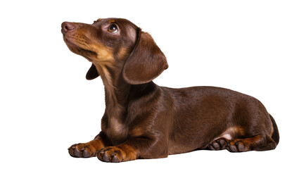 Isolated dachshund looking up, pet dog lying down, brown fur, friendly animal friend © Federica