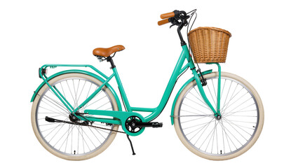 Isolated vintage-style bicycle with front basket, ideal for city rides and leisurely errands
