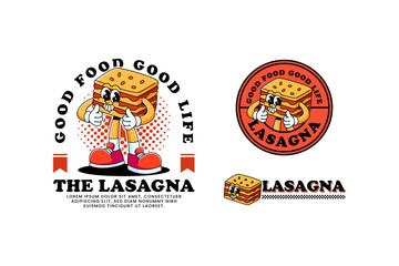 Italian lasagna retro cartoon character illustration with standing and thumb up hand for restaurant. Layered lasagna mascot badge patch sticker for merchandise
