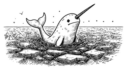 Cute Narwhal in Arctic Ocean with Ice Floes Sketch Vector Illustration Narwhale Swimming in Cold Sea Waters Nature Scene © JakubVectorSketch