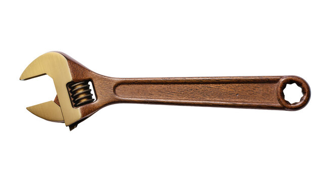 Isolated antique monkey wrench in wood and brass finish for old world charm appeal