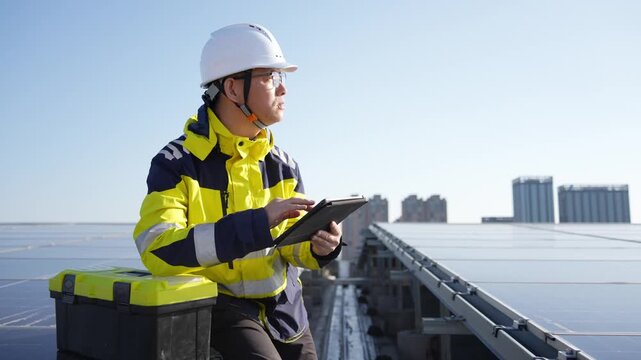 Engineer at solar power plant conducting on-site inspection using a tablet computer