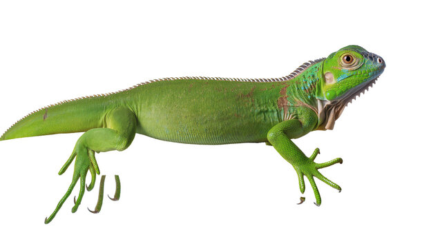 Isolated Green Iguana lizard facing right, tropical reptile in studio shot, calm disposition