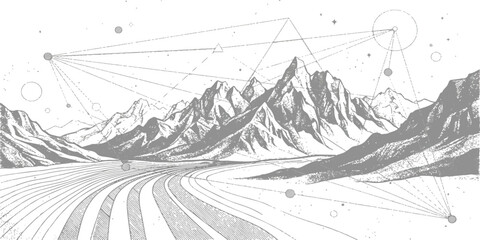 Fototapeta premium A surreal black and white landscape drawing with towering mountains and an abstract geometric pattern in the sky.