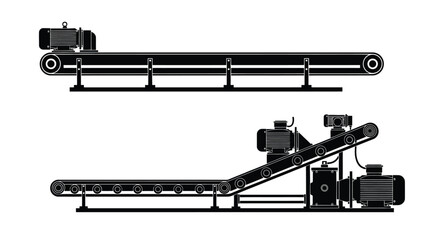 Industrial conveyor belt systems horizontal and inclined views in black and white