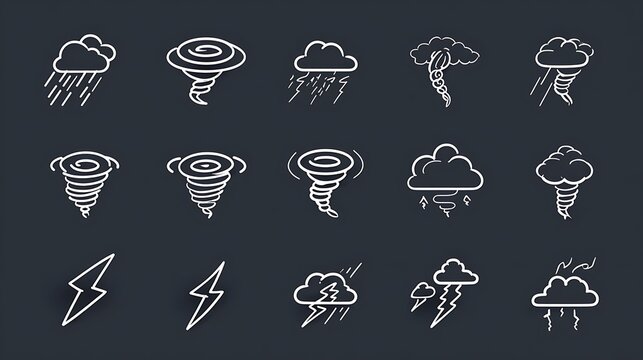 Tornado weather icons, storm symbols, monochrome vector illustration set