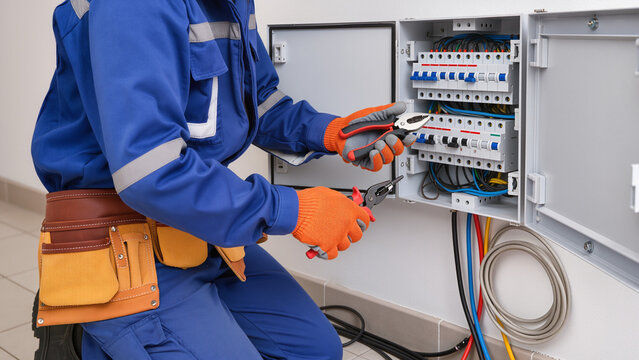 A professional handles electrical maintenance on the board. He uses specific tools to check the wiring. The technician wears protective gear for safety. He manages various breakers and colored cables.