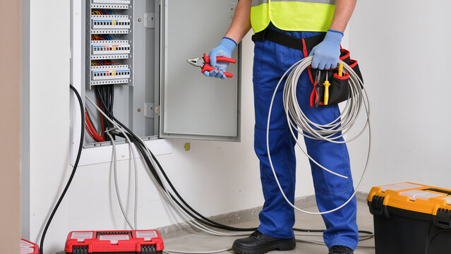 A skilled technician works on an electrical fuse box,He uses professional tools to inspect the system,He ensures all wires are connected safely. This process maintains the power supply in the building