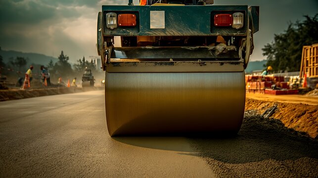 Heavy duty road roller machine working on asphalt at construction site
