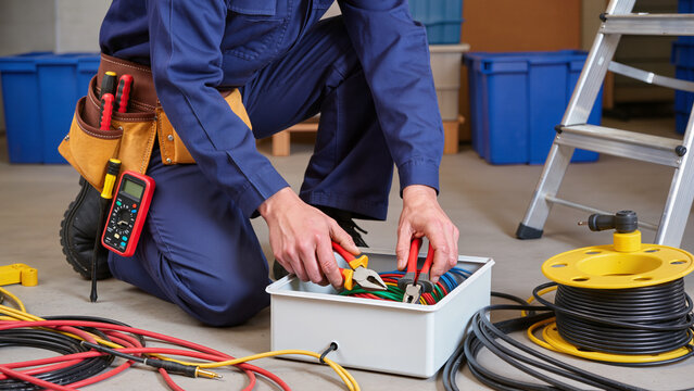 A skilled technician works on an electrical fuse box,He uses professional tools to inspect the system,He ensures all wires are connected safely. This process maintains the power supply in the building