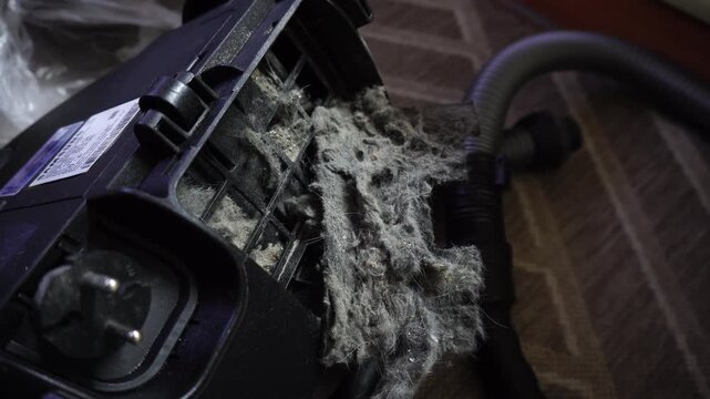 A dirty vacuum cleaner filter clogged with dust and hair. Concept of cleaning and allergies.
