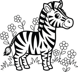 Obraz premium A black and white cartoon zebra standing in a field of flowers