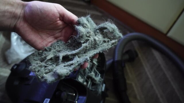 A dirty vacuum cleaner filter clogged with dust and hair. Concept of cleaning and allergies.