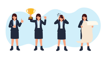 Obraz premium Four different poses of a businesswoman showing a thumbs up, holding a trophy, feeling stressed, and reading a long paper scroll.