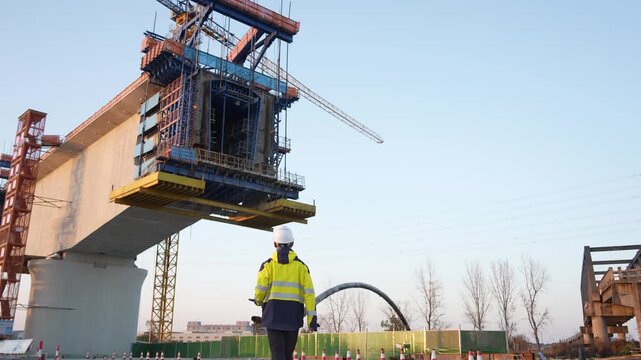 Engineer supervising bridge construction site with crane lifting precast concrete girder under clear winter sky
