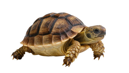 Obraz premium Isolated Turtle with a Brown and Yellow Shell, Cute Reptile Crawling Slowly On Ground