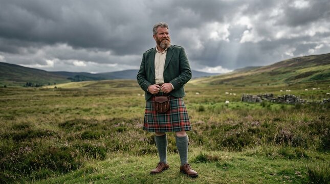 Middle-aged bearded man wearing a traditional Scottish kilt standing in the Highlands under a cloudy sky