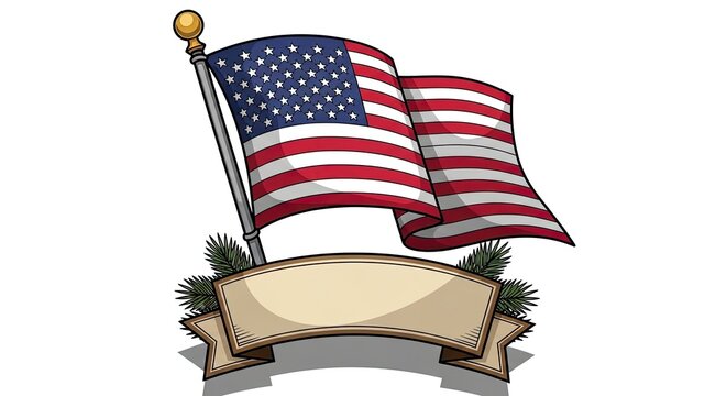 American flag waving on a decorative banner