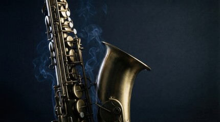 Obraz premium Golden saxophone with smoke against a dark background, evoking a jazz club atmosphere.