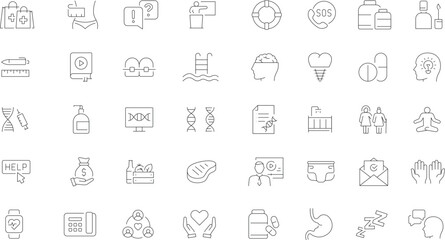 Obraz premium Healthy Lifestyle and Wellness Line Icon Set – Fitness, Nutrition, Self Care and Healthcare Outline Icons