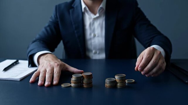 Businessman stacking coins on a desk with a notebook and pen