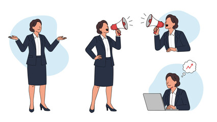Obraz premium Collection of scenes showing a businesswoman in various professional roles including using a megaphone, presenting, and working on a laptop.