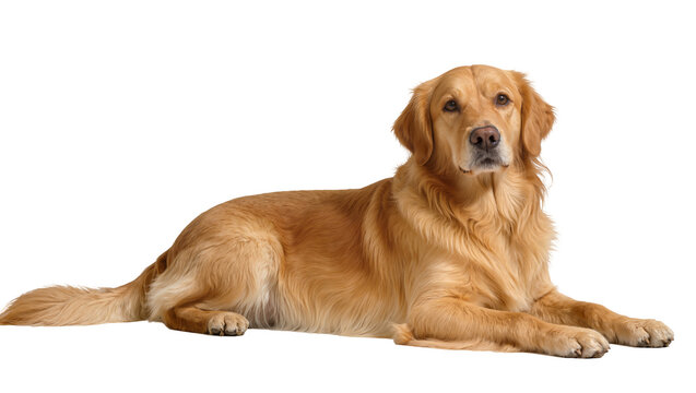 Isolated dog relaxing on the floor, a golden retriever looking at the camera calmly