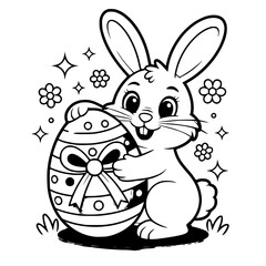 Obraz premium Cute Easter bunny hugging a large decorated Easter egg, festive spring holiday celebration, cartoon vector illustration.