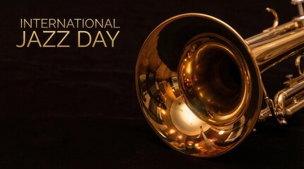 Naklejka premium International Jazz Day - Close-up of a shiny brass trumpet against a dark background, highlighting the instruments intricate details and reflective surface.