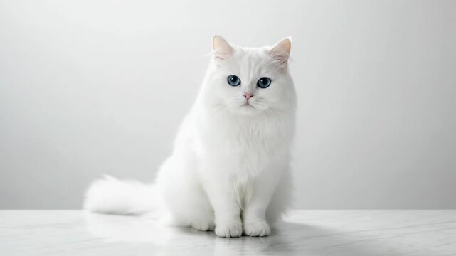Elegant white cat with striking blue eyes sitting on a marble surface