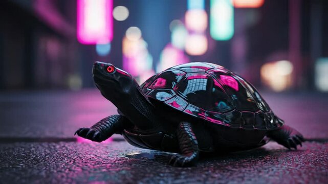 Futuristic Black Turtle with Glowing Red Eyes in Neon Cityscape