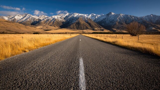 Straight asphalt road leads toward distant rugged mountains capped with snow under a clear blue sky