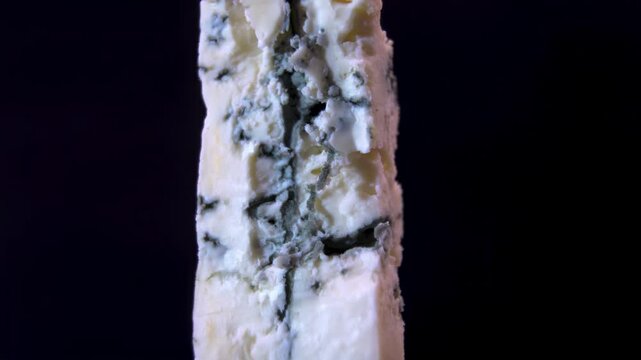 Gourmet Blue Cheese  with Noble Mold, close-up on dark background. Dairy product with green mold streaks